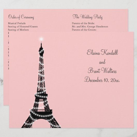 Eiffel Tower Twinkles Wedding Programme (roze) (Voorkant / Achterkant)