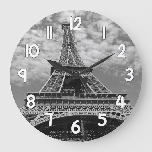 Eiffel Tower Wall Clock – Black and White Paris Ho Grote Klok (Voorkant)