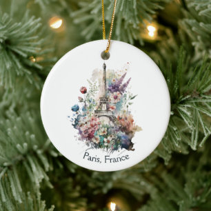 Eiffeltoren Aquarel Bloemen, Parijs Frankrijk Keramisch Ornament