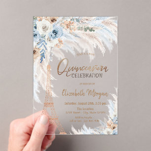 Eiffeltoren Blauwe Rozen Pampas Gras Quinceanera Acryl Uitnodigingen