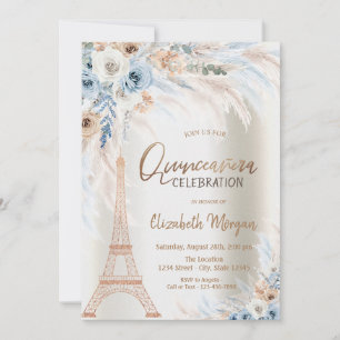 Eiffeltoren Blauwe Rozen Pampas Gras Quinceanera Kaart