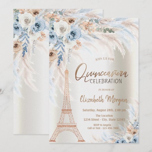 Eiffeltoren Blauwe Rozen Pampas Grass Quinceanera Kaart (Voorkant / Achterkant)