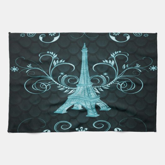 Eiffeltoren Blauwgroen Floral Swirls Kitchen Towel Theedoek (Horizontaal)