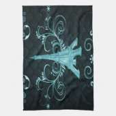 Eiffeltoren Blauwgroen Floral Swirls Kitchen Towel Theedoek (Verticaal)