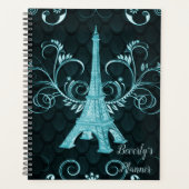 Eiffeltoren Blauwgroen Floral Swirls Planner (Voorkant)