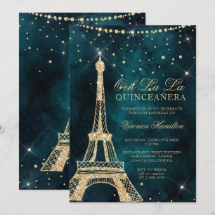 Eiffeltoren blauwgroen goudglitter sparkle quincea kaart