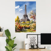 Eiffeltoren bloeit in lente Parijs Poster (Thuiskantoor)