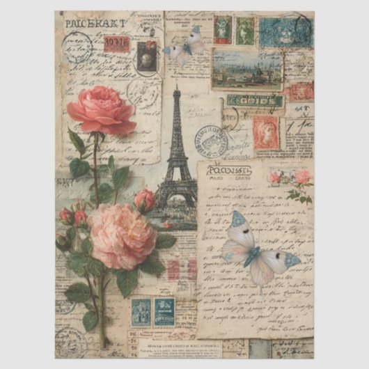Eiffeltoren, bloemen en vlinders in mixed media tissuepapier (Voorkant)