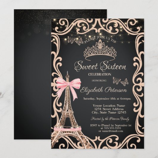 Eiffeltoren Boog Frame Jurk Vlinder Sweet 16 Kaart (Voorkant / Achterkant)