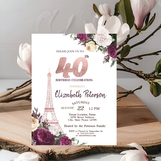 Eiffeltoren Bourgondische bloemen 40e verjaardag Kaart
