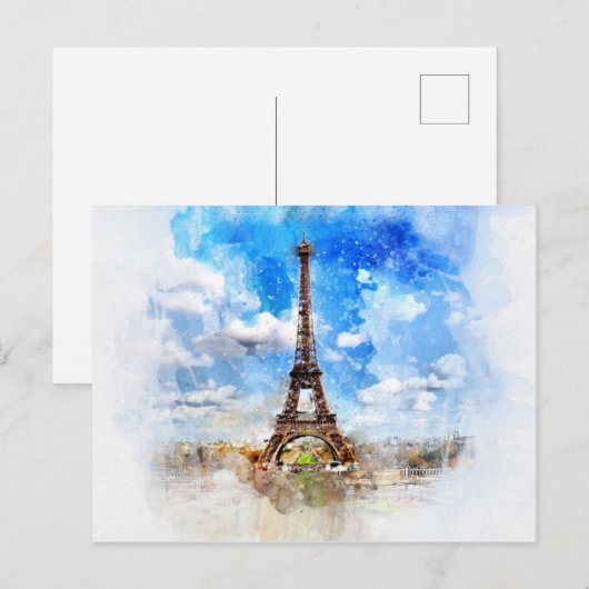 Eiffeltoren, briefkaart van de  waterverf van Pari (Voorkant / Achterkant)