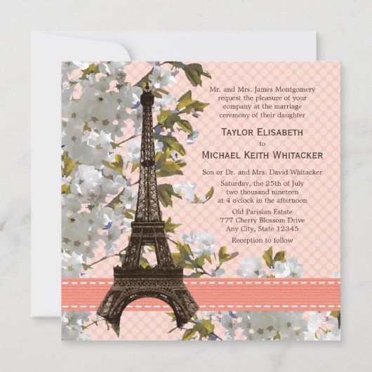 Eiffeltoren Cherry Blossom Wedding Invitations Kaart (Achterkant)