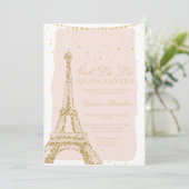 Eiffeltoren chic gold glitter blush quinceanera kaart (Staand voorkant)
