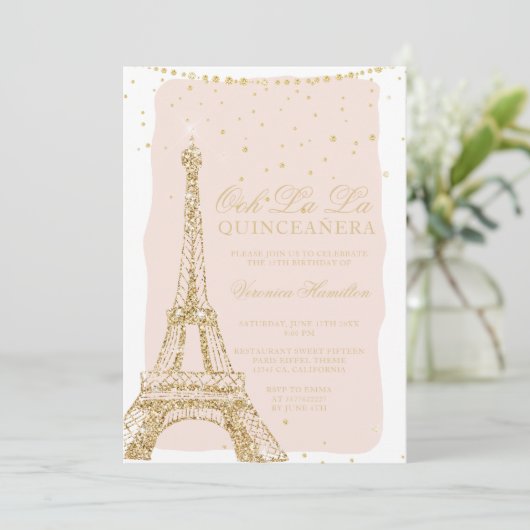 Eiffeltoren chic gold glitter blush quinceanera kaart (Staand voorkant)