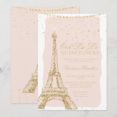Eiffeltoren chic gold glitter blush quinceanera kaart (Voorkant / Achterkant)
