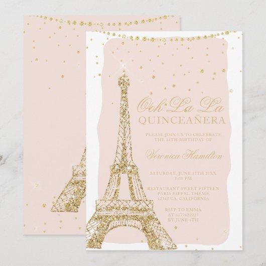 Eiffeltoren chic gold glitter blush quinceanera kaart (Voorkant / Achterkant)