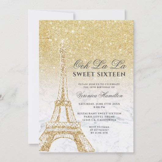 Eiffeltoren chic gold glitter marble Sweet 16 Kaart (Voorkant)