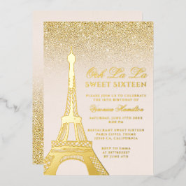 Eiffeltoren chic gold glitter roze Sweet 16 Folie Uitnodiging