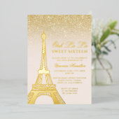 Eiffeltoren chic gold glitter roze Sweet 16 Folie Uitnodiging (Staand Voorkant)