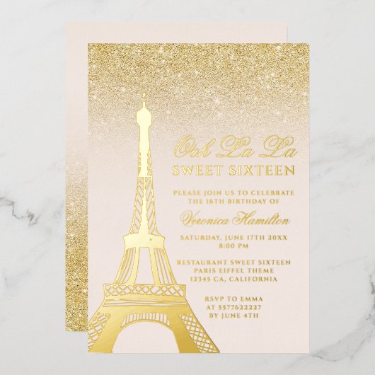 Eiffeltoren chic gold glitter roze Sweet 16 Folie Uitnodiging (Voorkant / Achterkant)