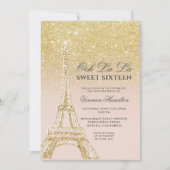 Eiffeltoren chic gold glitter roze Sweet 16 Kaart (Voorkant)