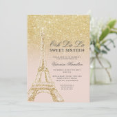 Eiffeltoren chic gold glitter roze Sweet 16 Kaart (Staand voorkant)