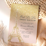 Eiffeltoren chic gold glitter roze Sweet 16 Kaart<br><div class="desc">Een moderne,  chic en glamoureus zoete zestien met een handgele goudglitter frans Parijs-thema Eiffeltoren met een goudkleurige glitter ombre gradiënt op een bewerkbare pastelroze achtergrond.</div>