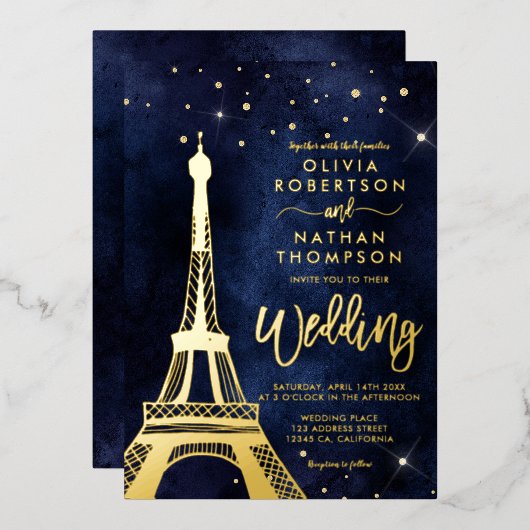 Eiffeltoren chic gold glitter spargel bruiloft folie uitnodiging (Voorkant / Achterkant)