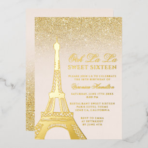 Eiffeltoren chic goud glitters roze Sweet 16 Folie Uitnodiging