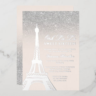 Eiffeltoren chic Silver Glitter roze Sweet 16 Folie Uitnodiging