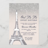 Eiffeltoren chic Silver Glitter roze Sweet 16 Folie Uitnodiging (Voorkant)