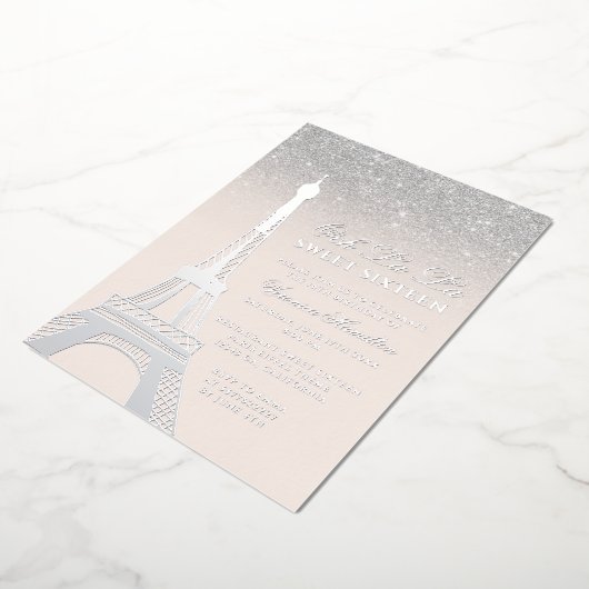 Eiffeltoren chic Silver Glitter roze Sweet 16 Folie Uitnodiging (Gedraaid)