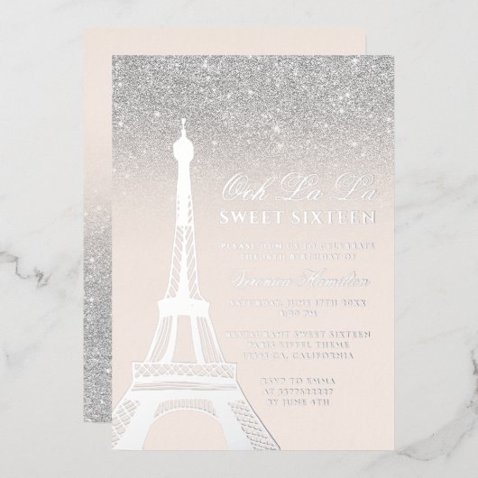 Eiffeltoren chic Silver Glitter roze Sweet 16 Folie Uitnodiging (Voorkant / Achterkant)