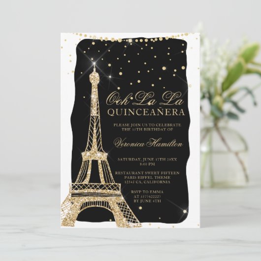 Eiffeltoren chique gouden glitter zwart quinceaner kaart (Staand voorkant)