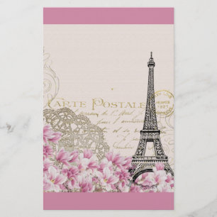  Eiffeltoren Collage met Roze Wildbloemen Briefpapier