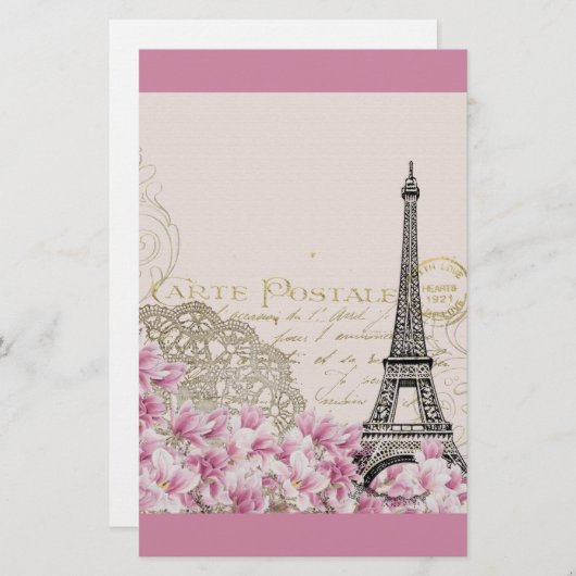 Eiffeltoren Collage met Roze Wildbloemen Briefpapier (Voorkant / Achterkant)