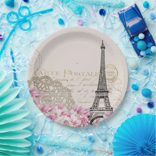 Eiffeltoren Collage met Roze Wildbloemen Papieren Bordje (Feest)