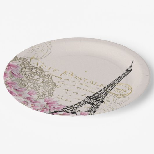  Eiffeltoren Collage met Roze Wildbloemen Papieren Bordje (Gekanteld)
