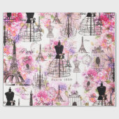  Eiffeltoren collage roze florale bloem Cadeaupapier (Vlak)