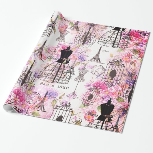  Eiffeltoren collage roze florale bloem Cadeaupapier (Uitgerold)
