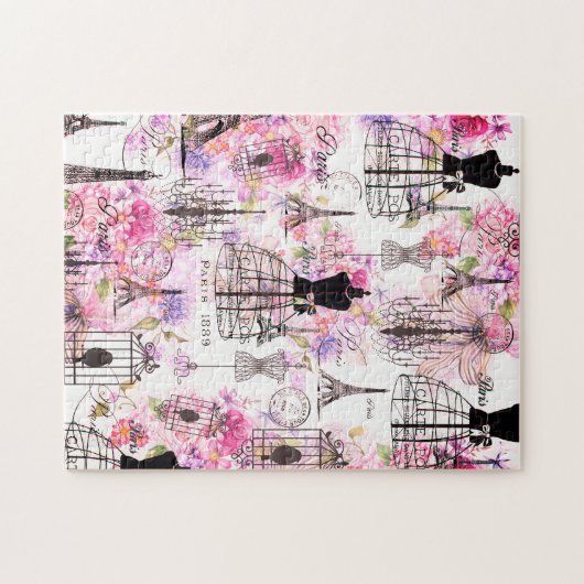  Eiffeltoren collage roze florale bloem Legpuzzel (Horizontaal)