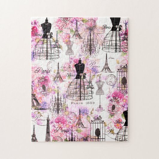 Eiffeltoren collage roze florale bloem Legpuzzel (Verticaal)