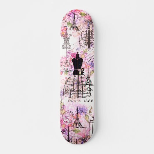 Eiffeltoren collage roze florale bloem Persoonlijk Skateboard (Voorkant)
