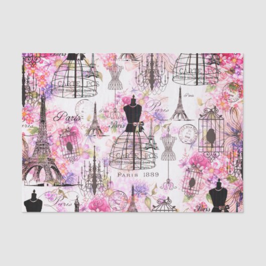  Eiffeltoren collage roze florale bloem Tissuepapier (Voorkant)