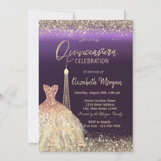 Eiffeltoren Confetti Dress Paarse Quinceanera Kaart (Voorkant)