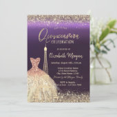 Eiffeltoren Confetti Dress Paarse Quinceanera Kaart (Staand voorkant)