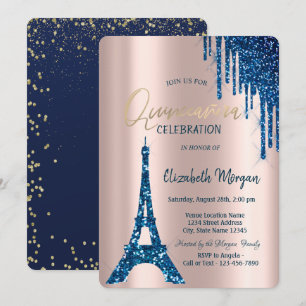 Eiffeltoren Confetti Drips Navy Blauwe Quinceañera Kaart