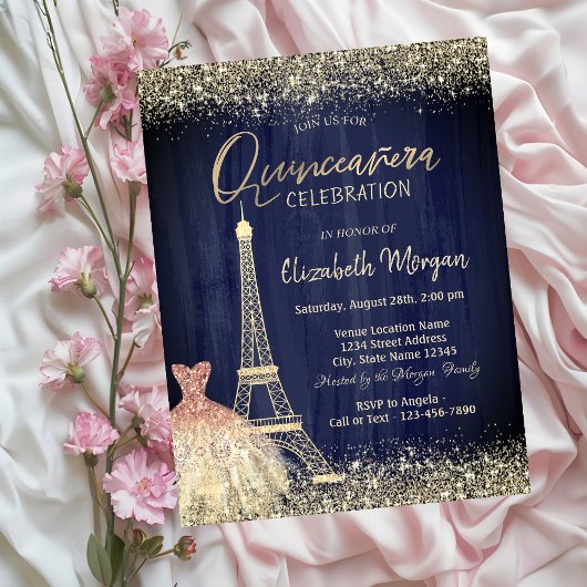 Eiffeltoren Confetti Jurk Navy Blue Quinceanera Kaart