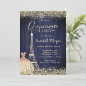 Eiffeltoren Confetti Jurk Navy Blue Quinceanera Kaart (Staand voorkant)