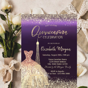 Eiffeltoren Confetti Jurk Paars Quinceanera Kaart